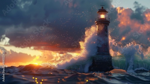 Tall 3D lighthouse amid surging waves.