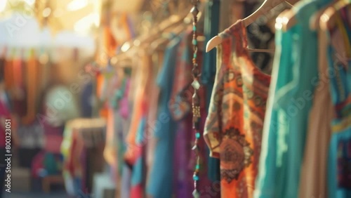 The soft focus captures the essence of a bohemian outdoor market with colorful vintage clothing and unique trinkets creating a whimsical background for shoppers browsing under the . photo