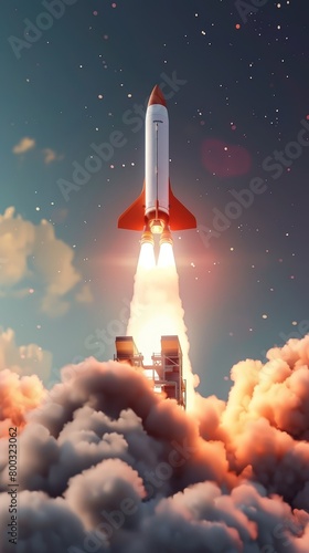 Space shuttle launch with fiery exhaust, aerospace industry concept, poster design for technology and innovation