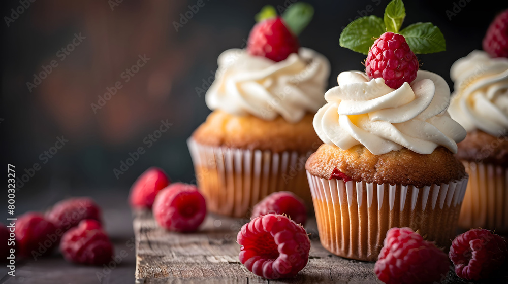 Cupcakes with cream and raspberries on a wooden board against a dark background in a closeup Cupcakes with cream and raspberries on a wooden board against a dark background in a closeup