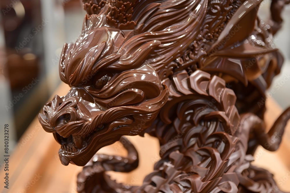 A Masterful Chocolate Sculpture of a Mythical Creature with Intricate Details and a Lustrous Finish A Masterful Chocolate Sculpture of a Mythical Creature with Intricate Details and a Lustrous Finish
