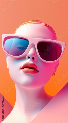 Surreal portrait of a woman with oversized sunglasses. 3D illustration with vibrant orange and pink hues