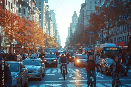 A bustling city street corner with a mix of cars, bicycles, and pedestrians, showcasing diverse transportation modes photo