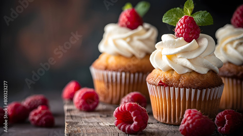 Cupcakes with cream and raspberries on a wooden board against a dark background in a closeup