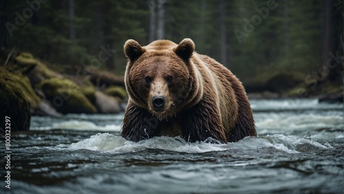 AI generated illustration of a bear fishing in a river in the middle of the forest