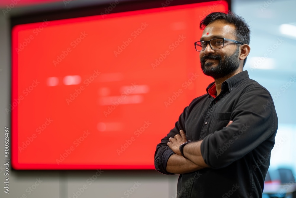 Display mockup indian man in his 40s in front of a interactive digital board with an entirely red screen Display mockup indian man in his 40s in front of a interactive digital board with an entirely red screen