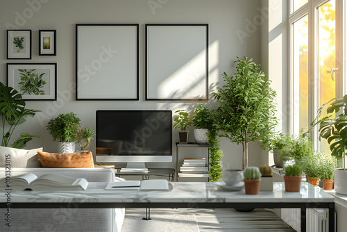 Scandinavian apartement office space in the afternoon with furniture,modern sofa white ,green plants,white walls,with interior mockup with two white photo frame in the background photo