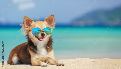 Amusing Chihuahua Wearing Sunglasses Posing on the Beach © wiizii