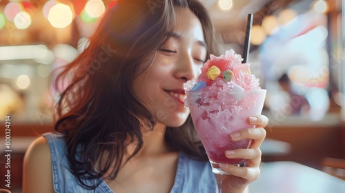 Charming Korean Woman Enjoying Colorful Shaved Ice in Airy Cafe Setting