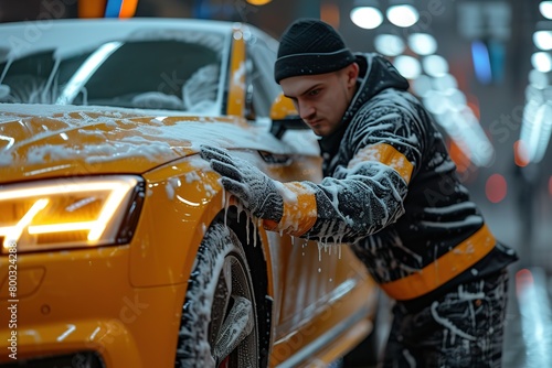 A car wash attendant meticulously hand-drying a luxury sedan, leaving no streaks or water spots