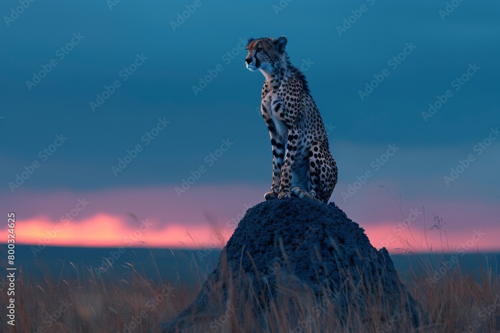 A lone cheetah surveying the savannah from atop a termite mound at dusk