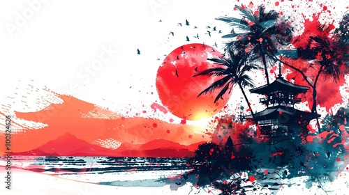Vibrant watercolor image of palm trees and sun, AI-generated.