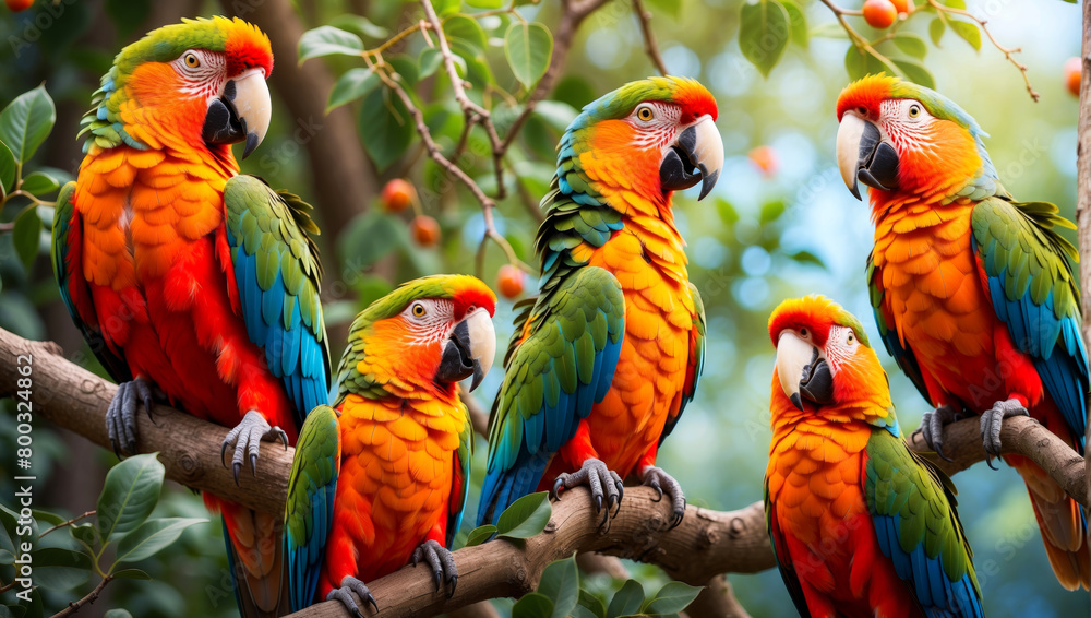 A group of parrots sits on a tree A group of parrots sits on a tree