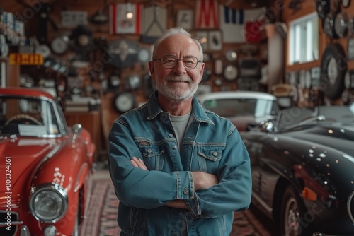 A classic car collector proudly displaying their vintage automobiles in a museum-like garage