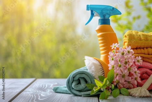 An idealistic setting of household towels and cleaning spray amongst flowering plants basking in sunlight photo