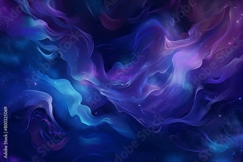 Abstract blue, purple, and black liquid swirl in space against a dark backdrop, AI-generated.
