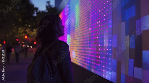 Woman standing in front of an illuminated sculpture at night, AI-generated.