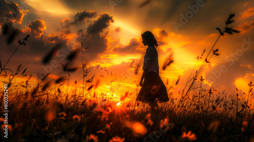 Silhouette of a girl in a farm field at sunset