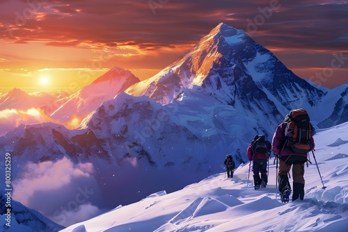 AI generated illustration of individuals hiking up snowy mountain at sunset