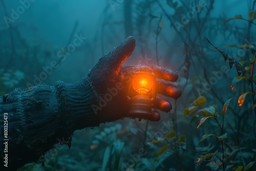 A conductor's hand waving a red lantern to signal the train's approach through a dense, misty forest