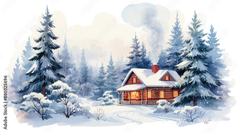 A serene painting of a cozy cabin nestled among tall trees in a tranquil forest setting