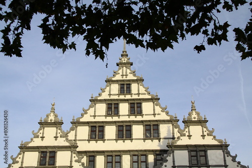 town hall square with historic town hall in the Weser Renaissance architectural style in Paderborn, North Rhine-Westphalia, Germany,