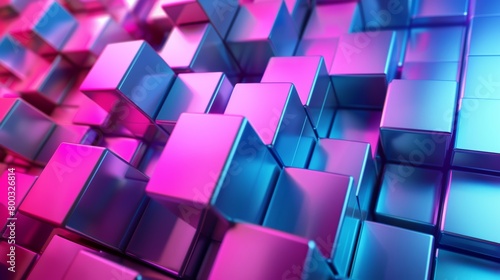 Glossy pink and blue cubic surface. 3D render of reflective geometric shapes.