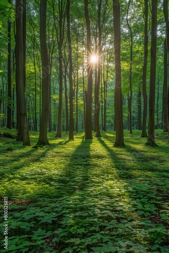 A sun shining through a forest of trees with grass, AI