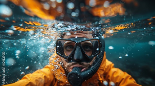 A man wearing a scuba mask and goggles underwater, AI