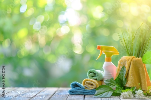 Eco-friendly cleaning products arranged on a wooden surface with greenery in the background, concept of cleanliness