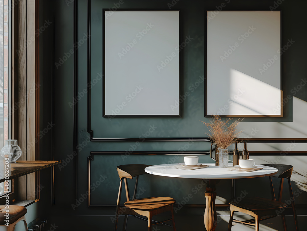 Scandinavian cozy Diningroom in the evening with furniture,wooden chair,green plants, two chandelier,grey sofa,black walls, chandelier with interior mockup with two white photo frame in the background Scandinavian cozy Diningroom in the evening with furniture,wooden chair,green plants, two chandelier,grey sofa,black walls, chandelier with interior mockup with two white photo frame in the background