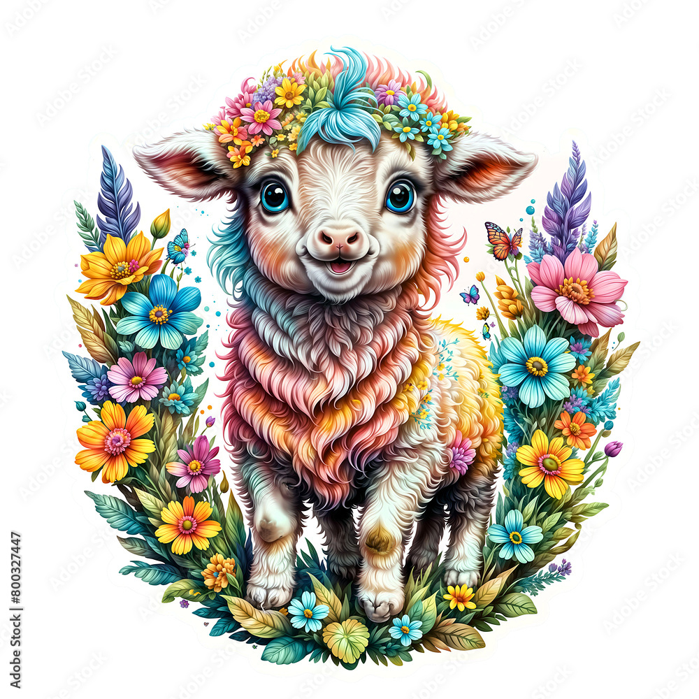 Lamb Sticker Colorful Lamb Bliss A Bouquet of Joy Surrounds the Cartoon Lamb Sticker on Transparent Background, Adorned with Vibrant Flowers and Rainbow Butterflies - Generative AI
