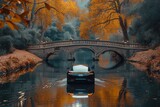 A luxurious sedan gliding gracefully over an elegant bridge, its reflection shimmering in the glassy water below