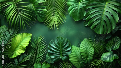 Tropical leaves are arranged in a circle on the green background  AI