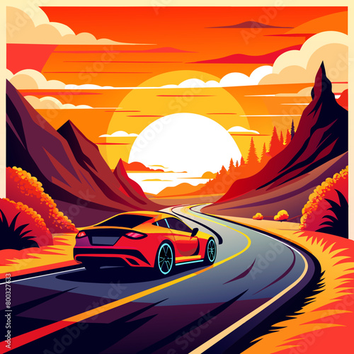 vibrant vector illustration capturing the silhouette of a sleek car cruising along a winding road against a backdrop of a fiery sunset sky