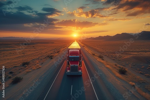 A long-haul trucker guiding a massive rig through a desolate desert highway at sunset, the road stretching infinitely ahead