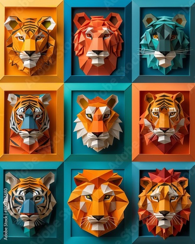 Nine origami tigers in different colors on a blue and orange background.