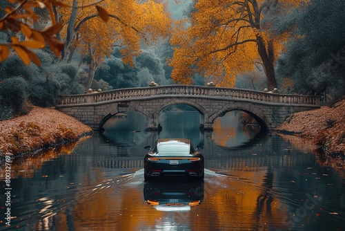 A luxurious sedan gliding gracefully over an elegant bridge, its reflection shimmering in the glassy water below photo