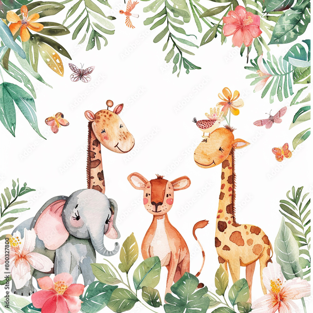 Naklejka premium Safari Animals heds Floral Tropical Flower Girl Nursery Wall Art Watercolor
