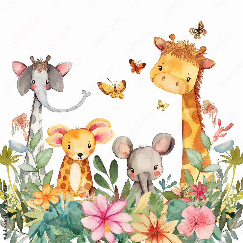 Naklejka premium Safari Animals heds Floral Tropical Flower Girl Nursery Wall Art Watercolor