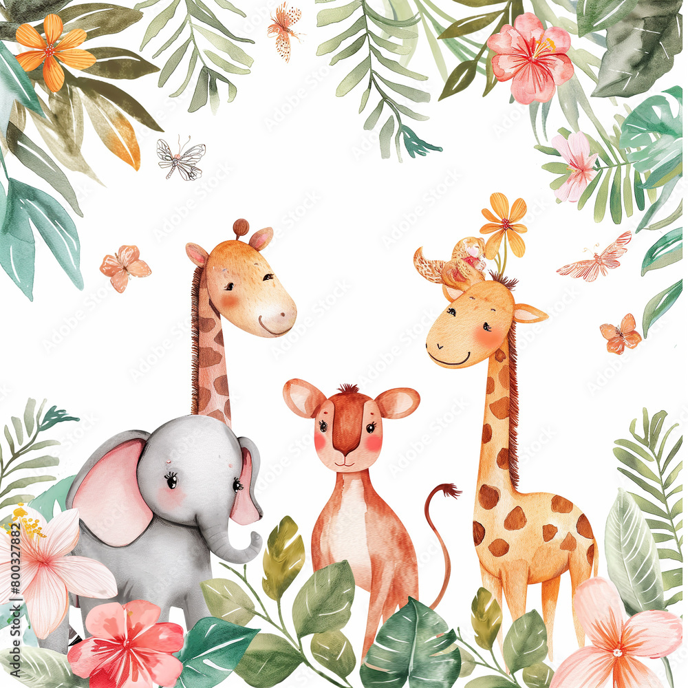 Obraz premium Safari Animals heds Floral Tropical Flower Girl Nursery Wall Art Watercolor