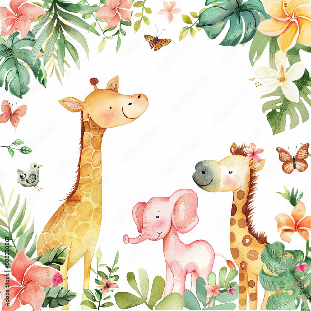 Naklejka premium Safari Animals heds Floral Tropical Flower Girl Nursery Wall Art Watercolor