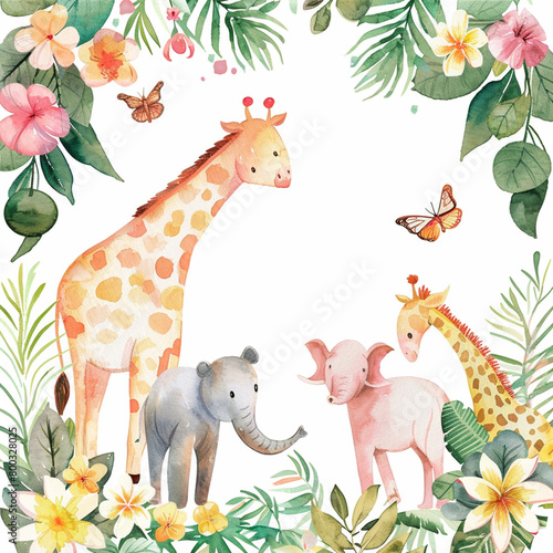 Safari Animals heds Floral Tropical Flower Girl Nursery Wall Art Watercolor