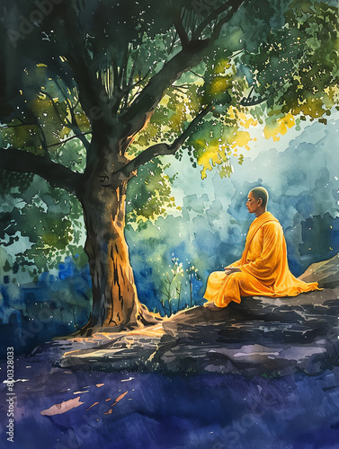 Artistic representation in watercolor of Buddha achieving enlightenment under the Bodhi tree, using vibrant light and shadow to symbolize his illumination