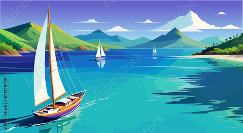 Caribbean tropical landscape. A sailboat is sailing in the ocean with mountains in the background. The scene is peaceful and serene. Vector colorful illustration. © Creative_Juice_Art