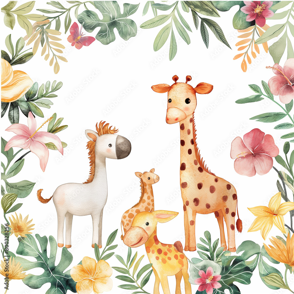Naklejka premium Safari Animals heds Floral Tropical Flower Girl Nursery Wall Art Watercolor