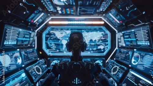 3D render of a female mech pilot inside her hightech cockpit, surrounded by digital interfaces, in a realistic, cinematic style photo