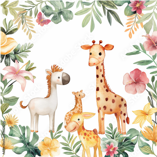 Safari Animals heds Floral Tropical Flower Girl Nursery Wall Art Watercolor