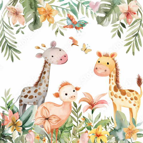 Safari Animals heds Floral Tropical Flower Girl Nursery Wall Art Watercolor