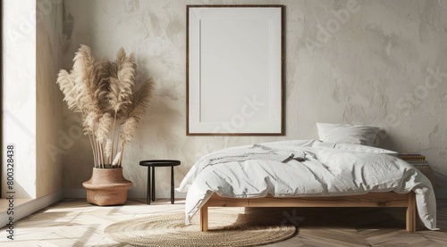 Chambre avec lit et couette blanche, cadre vierge sur le mur, lumière naturelle provenant de la fenêtre, plante dans le coin, décoration d'intérieur élégante. photo